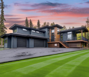 Modern residential garage doors installed on a house by Alaska Door in Wasilla, AK, at sunset.