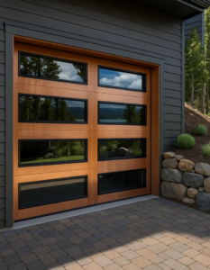 A modern wood-look garage door with multiple horizontal windows installed on a dark-sided house by Steelhead Doors, Services Available In.