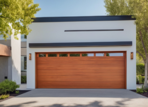A modern wooden garage door with horizontal windows installed by Summit-Overhead-Door in Sparks, NV.