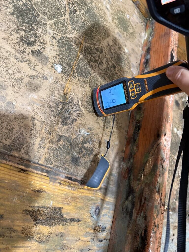 A technician using a moisture meter to assess water damage and mold on a wooden surface at a property in Bluffton, SC, by PuroClean of Hilton Head.