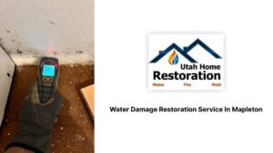 A moisture meter showing a high reading on a wall, indicating water damage assessment by Utah Home Restoration in Springville, UT