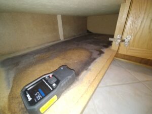 A moisture meter displaying a high reading next to water stains and potential mold inside a cabinet, indicating water damage assessment by One Call Services of Oakland in Oakland, CA.