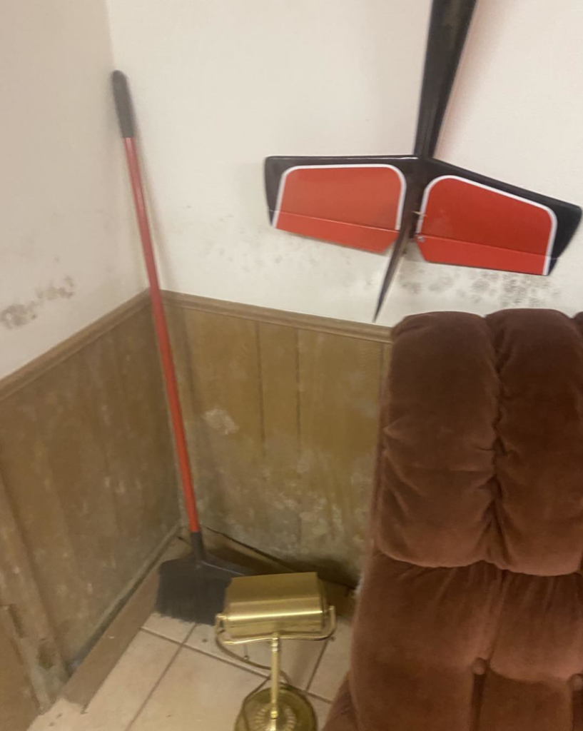 Mold and water stains on a white wall and wooden trim, showing the effects of water damage, remediated by 24HR Flood Pros of OKC in Oklahoma City, OK.