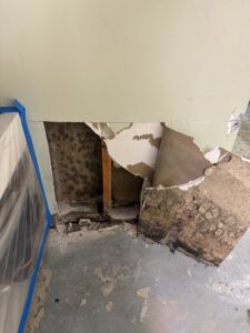 Severe mold damage and peeling drywall from water intrusion requiring restoration by Island Emergency Disaster Restoration in Farmingdale, NY.