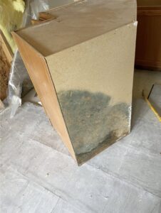 Mold growth visible on the side of a wooden cabinet, requiring mold remediation from SO-CO Water Damage in Pueblo, CO.