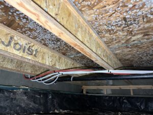 Close-up of mold growth on a wooden subfloor indicating water damage, addressed by Restorex in Petaluma, CA.