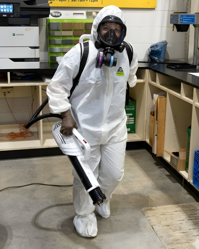 A water damage specialist in a hazmat suit performing mold remediation with a fogger for Superior Contract Cleaning in Lafayette, LA.