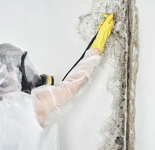 A technician spraying a moldy wall during mold remediation after water damage by Verg Restoration in Vancouver, WA