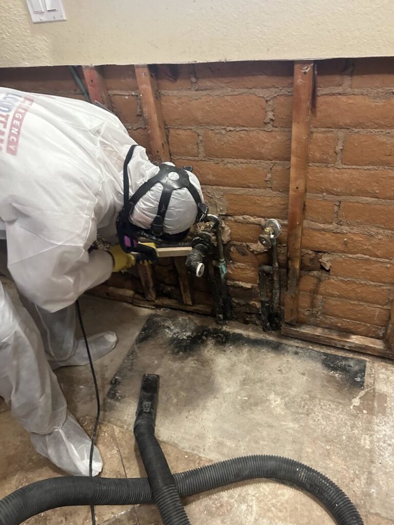 A technician in a hazmat suit performing mold remediation and water damage cleanup for Emergency Flood Team in Gilbert, AZ