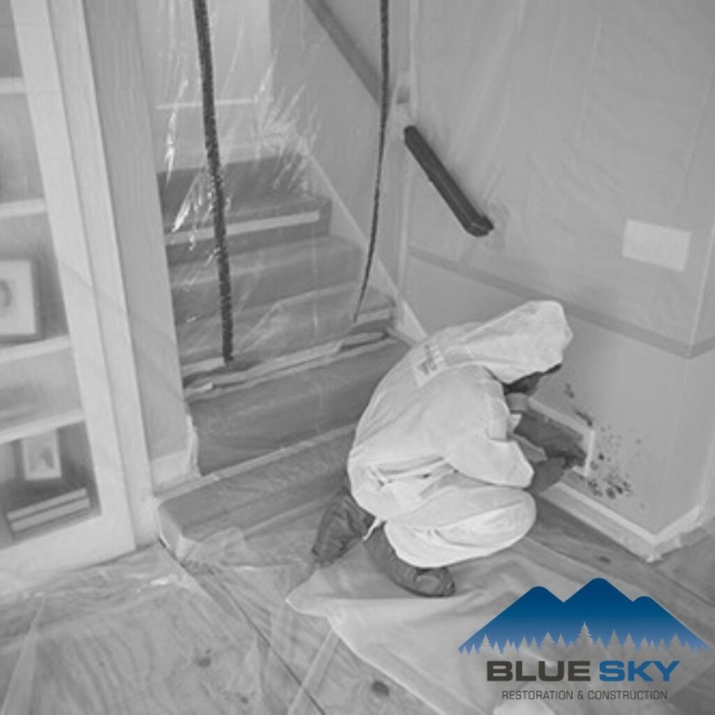 A technician in a hazmat suit performing mold remediation after water damage for Clear Sky Restoration & Construction in Jackson, WY.