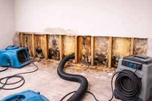 A water-damaged wall with visible mold growth and drying equipment, showing mold remediation services by Seco Water Damage Restoration and Mold Removal in Sterling Heights, MI.