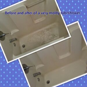 Before and after of a very moldy shower and tub cleaned by Dust Bunnies of Hampton Roads in Hampton, VA