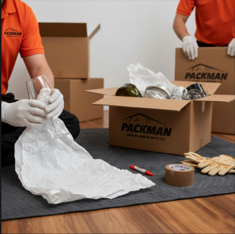 A Packman Moving professional carefully packing a wine glass in a box in San Diego, CA