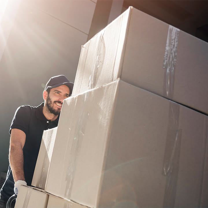 A smiling mover pushing a stack of moving boxes on a dolly for Delivery on Demand in Scottsdale, AZ