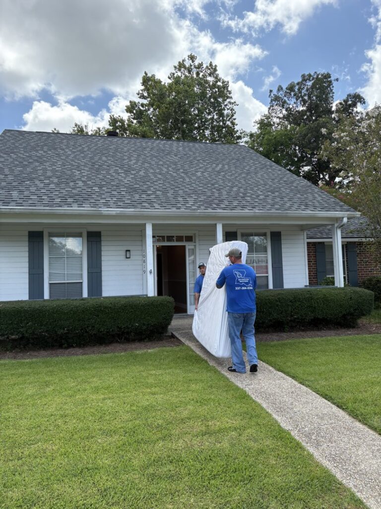 Two movers from Reynolds Moving in Baton Rouge, LA, carefully carrying a large, wrapped mattress towards the entrance of a house