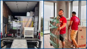 A split image showing movers loading a truck and wrapping furniture for Packsen Moving in San Antonio, TX.