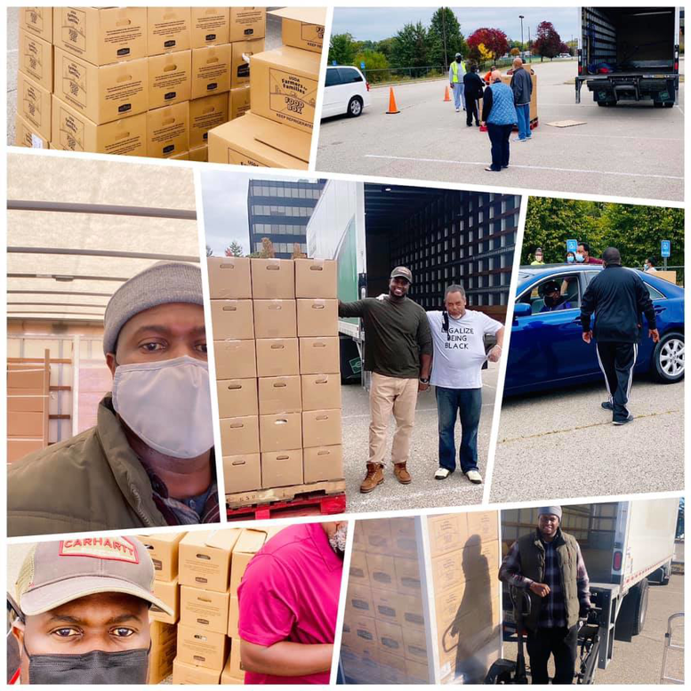 A collage showing movers loading and unloading boxes from trucks for Empire Express Transport in Cincinnati, OH.