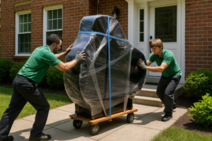 Two professional movers pushing a wrapped piano on a dolly for Central Movers, Inc. in Annapolis, MD.