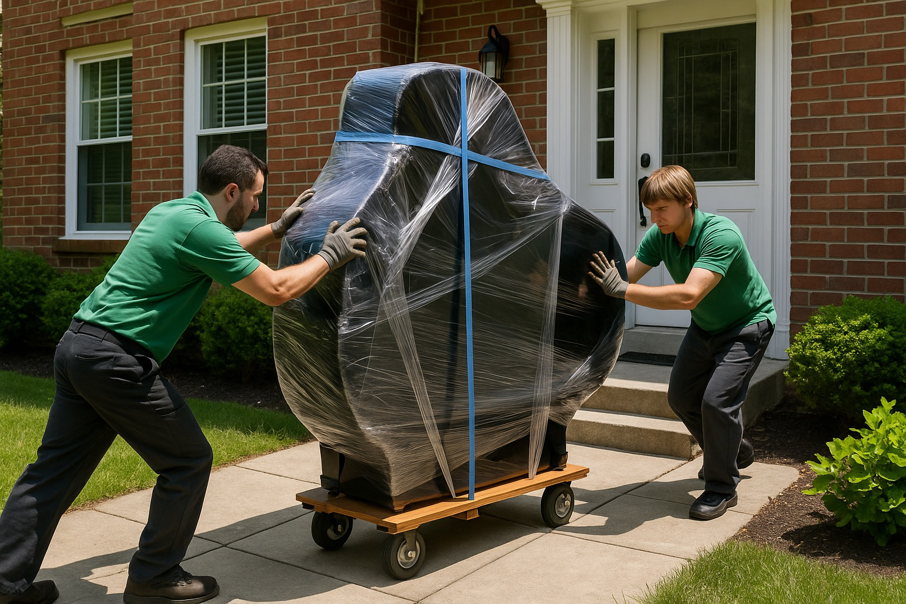 Two professional movers pushing a wrapped piano on a dolly for Central Movers, Inc. in Annapolis, MD.