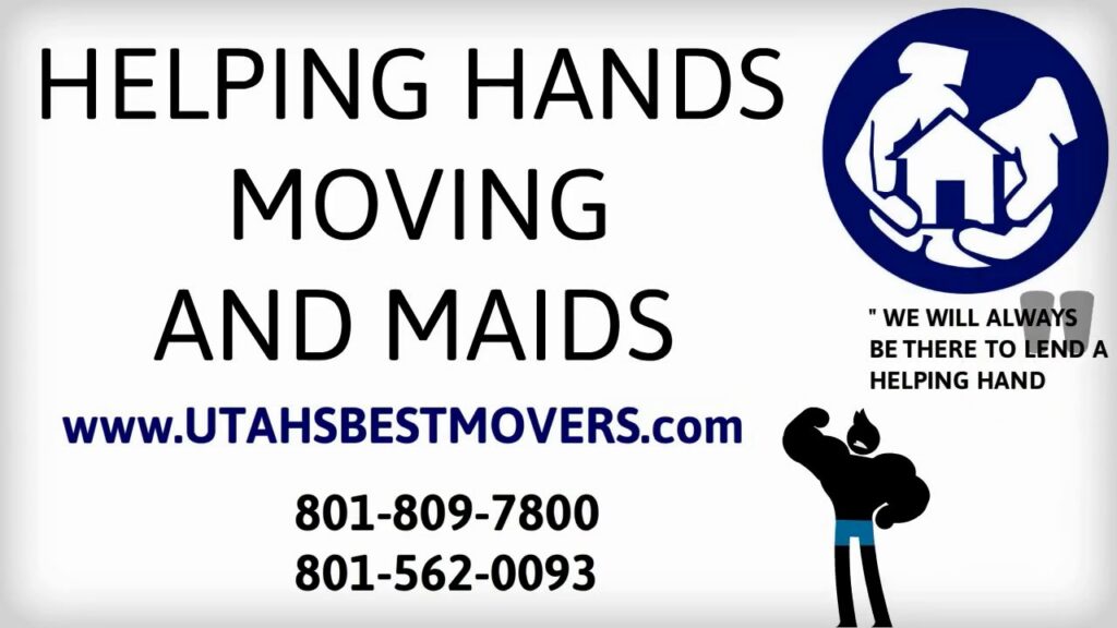 A Helping Hands Moving & Maids truck parked at a residence with two people shaking hands, indicating a moving job in Salt Lake City, UT.