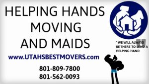 A Helping Hands Moving & Maids truck parked at a residence with two people shaking hands, indicating a moving job in Salt Lake City, UT.