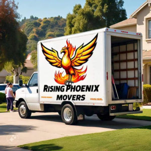 A Rising Phoenix Movers LLC truck parked in a residential driveway in Phoenix, AZ, ready for a moving service.