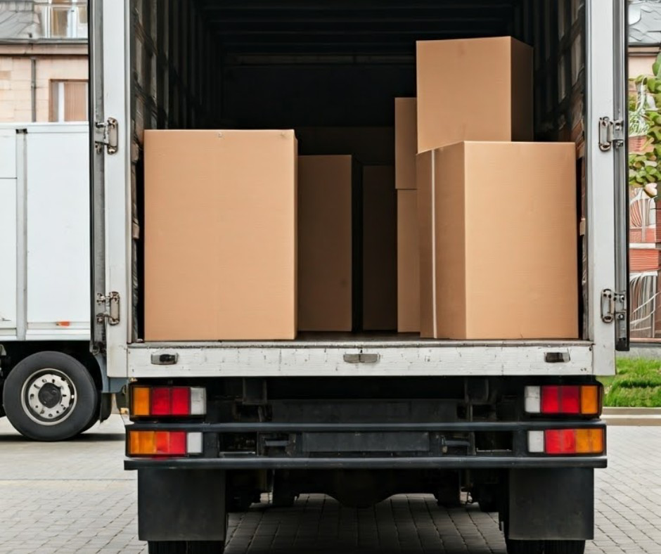 The back of a Blue Sky Moving truck loaded with cardboard boxes in Fort Lauderdale, FL