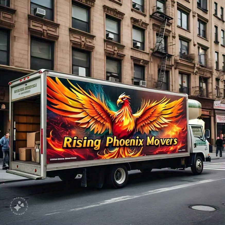 A Rising Phoenix Movers LLC truck loaded with boxes, parked on a city street in Phoenix, AZ, ready for a move.