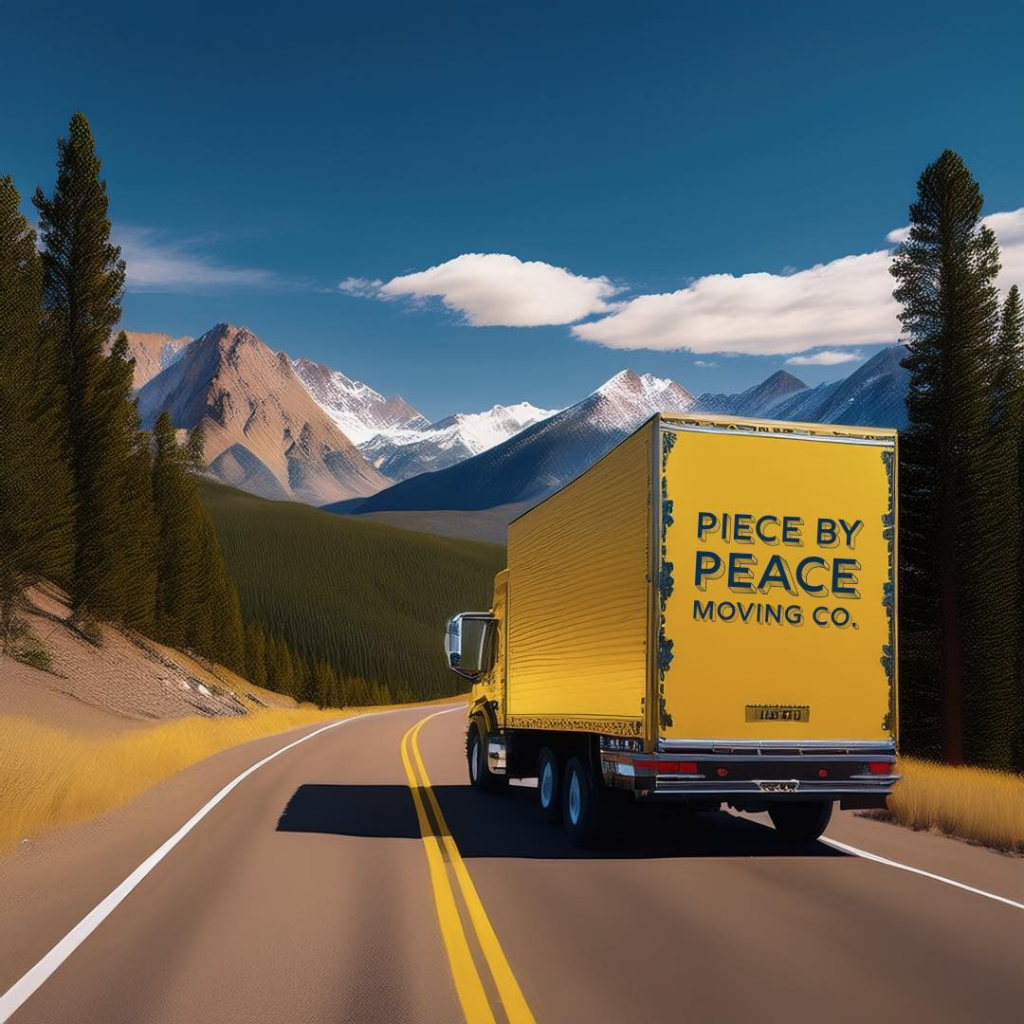 A yellow moving truck from Piece by Peace Moving driving on a scenic mountain road in Colorado Springs, CO.