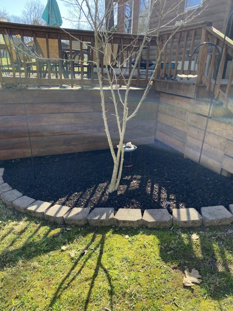 A neatly mulched garden bed surrounding a tree next to a wooden deck by The Otherside Lawn Solutions in Ankeny, IA.