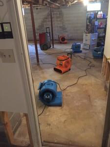 Multiple air movers and a dehumidifier set up to dry a water-damaged basement by Water Damage Squad in Philadelphia, PA.
