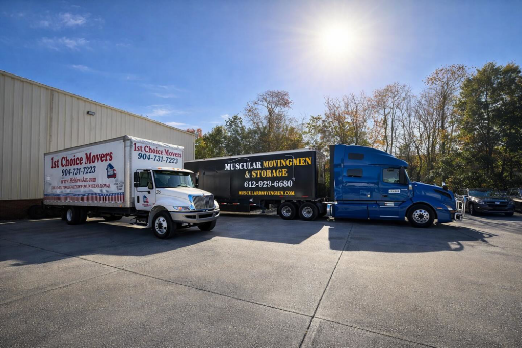 A Muscular Moving Men & Storage truck parked next to another moving truck outside a building in Phoenix, AZ.