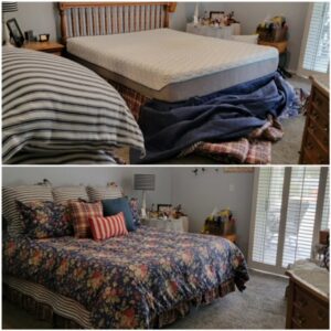 A beautifully made bed and tidy bedroom after professional cleaning by Dust Bunnies Cleaning Services in Bakersfield, CA.