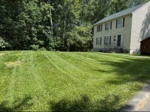 A neatly mowed lawn with distinct stripes in front of a residential house by Merrily Landscaping LLC in Derry, NH.