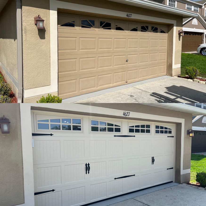 Before and after of a new garage door installation by Full Circle Overhead Door in Wilmington, DE.