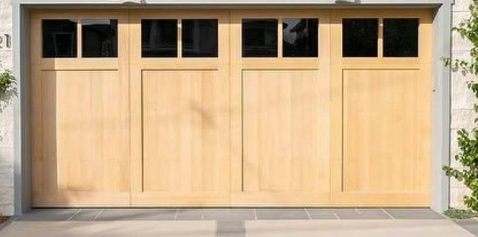 A newly installed modern wooden garage door with vertical windows on a house wrapped in Tyvek by NV Pro Garage Doors in Las Vegas, NV.