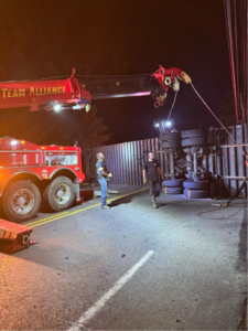 Alliance Towing performing a night heavy recovery operation on an overturned trailer in Lancaster, PA.