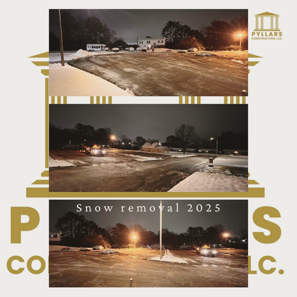 Nighttime snow removal in a commercial parking lot by Pyllars Construction, LLC in Olive Branch, MS