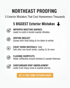 An infographic on Northeast proofing, detailing exterior mistakes that lead to water damage, offered by Peach3 Group in New Rochelle, NY.