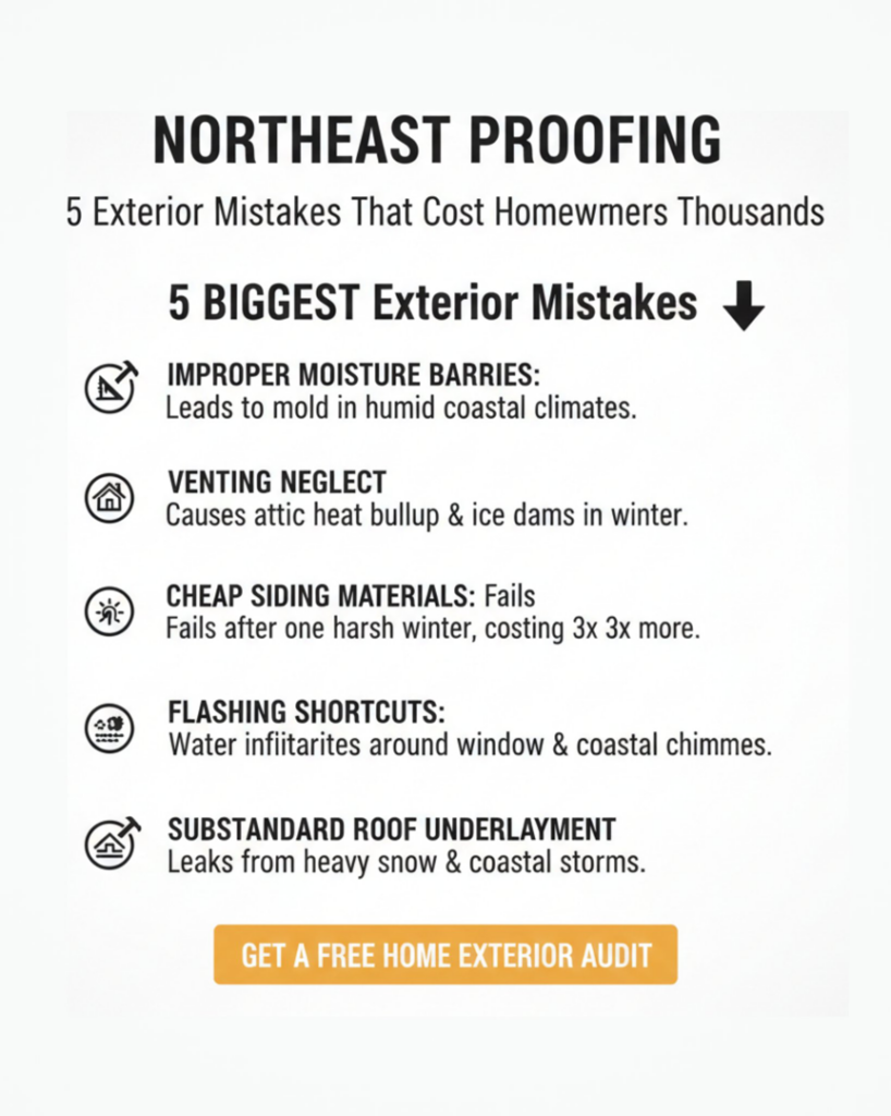 An infographic on Northeast proofing, detailing exterior mistakes that lead to water damage, offered by Peach3 Group in New Rochelle, NY.