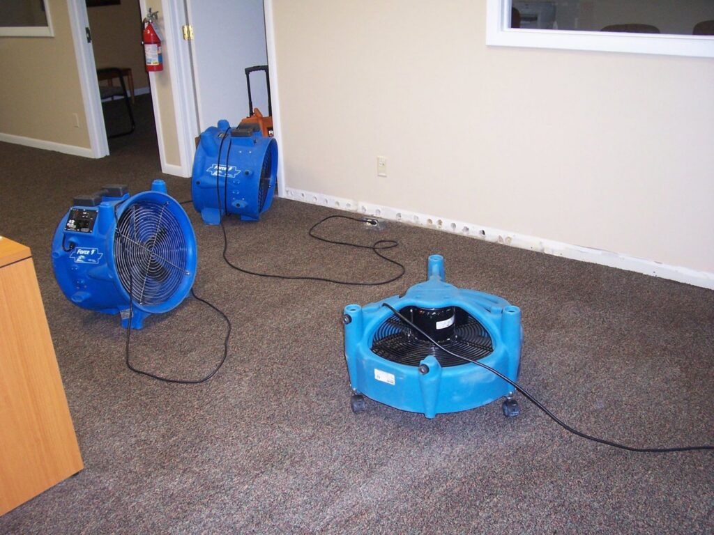 Three blue air movers drying a carpeted office floor with removed baseboards, indicating water damage restoration by Absolute Water Mitigation & Restoration in Greeley, CO