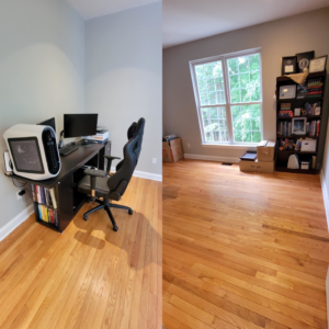 A before and after view of an office room, showing it cleaned and cleared out by Saks At Your Service in Baltimore, MD.