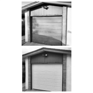 An old garage door replaced with a modern white panel door by Spartan Garage Doors and More in Albuquerque, NM.