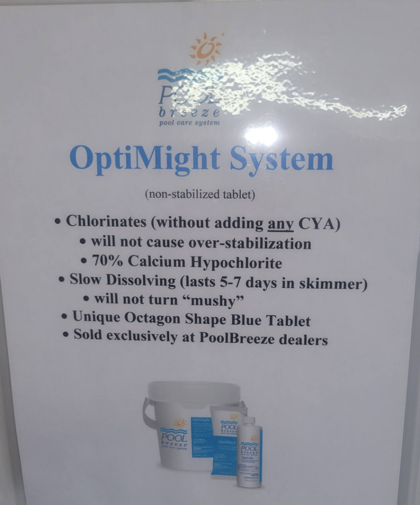 A sign detailing the OptiMight System for pool care at Pool Queen in Fairmont, WV.