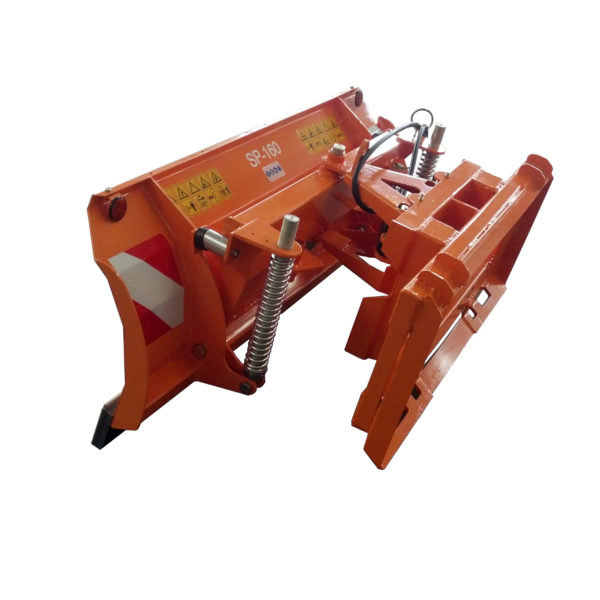 An orange snow plow attachment for tractors, available from Victory Tractor Implements in Long Beach, CA