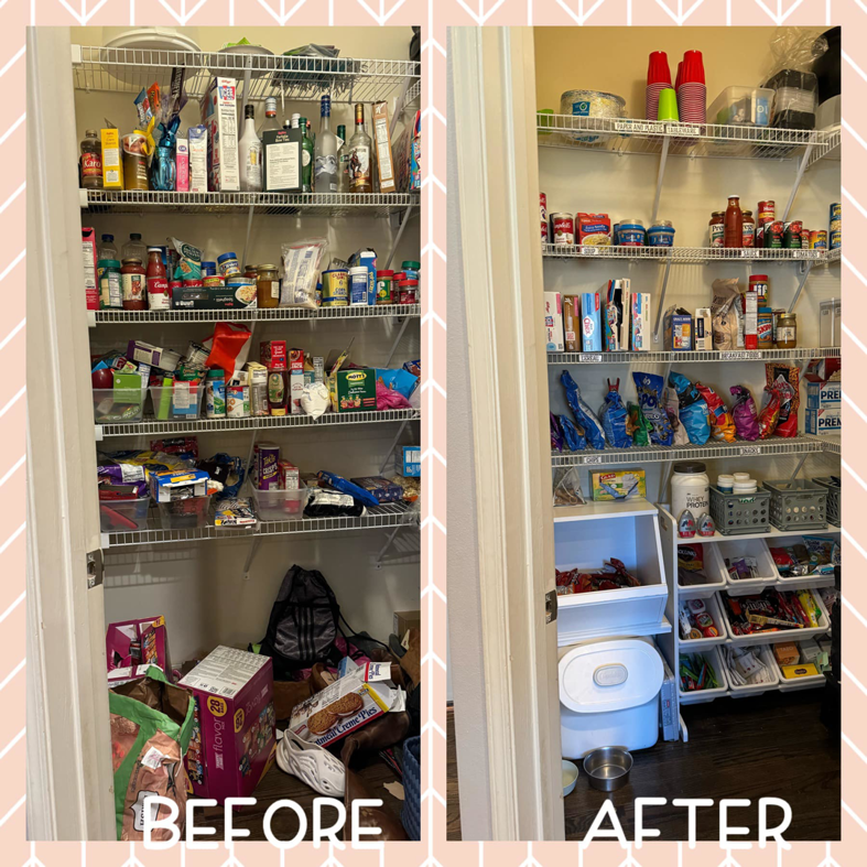 A before and after photo showcasing a professionally organized pantry by AKM Services in Omaha, NE