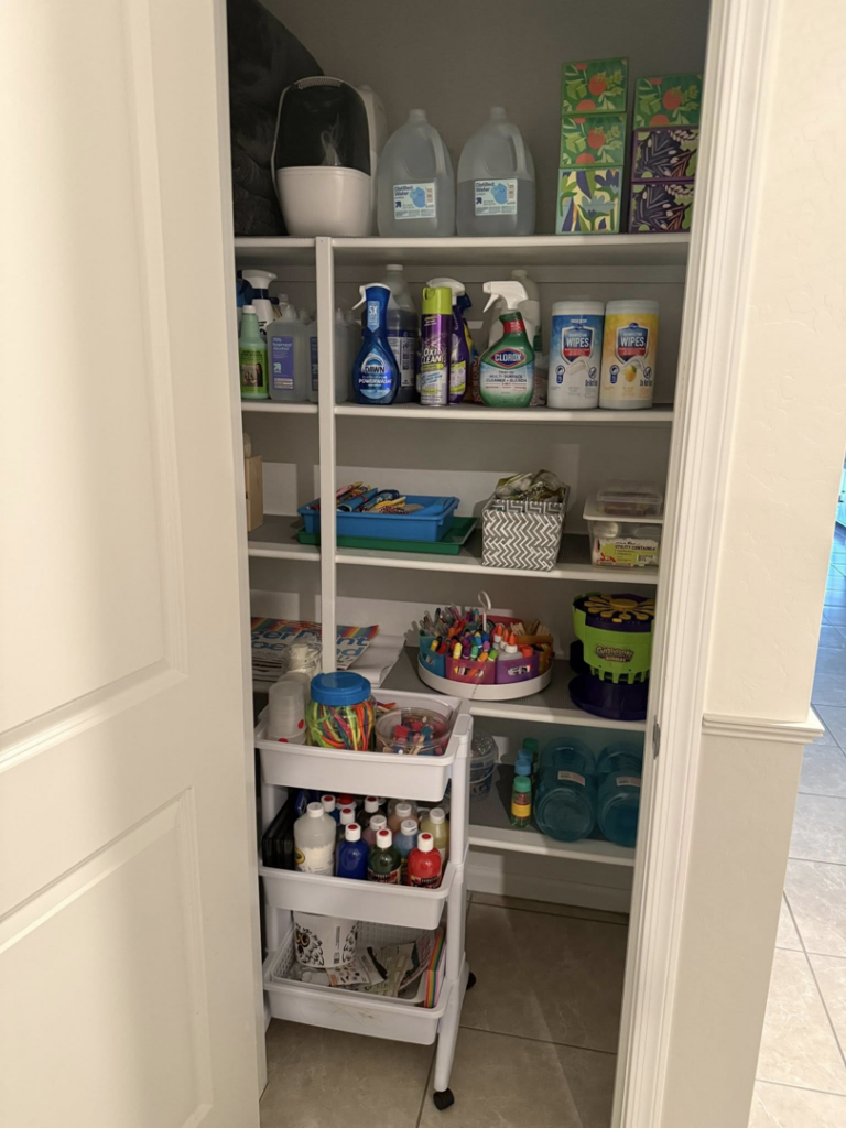 A neatly organized pantry closet with cleaning supplies by ClutterGone in Surprise, AZ.