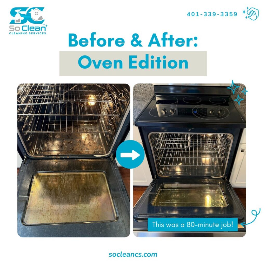 A before and after image showcasing a deeply cleaned oven and stove by So Clean Cleaning Services in East Providence, RI.
