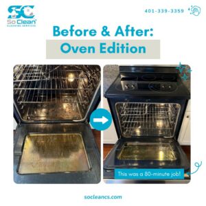 A before and after image showcasing a deeply cleaned oven and stove by So Clean Cleaning Services in East Providence, RI.
