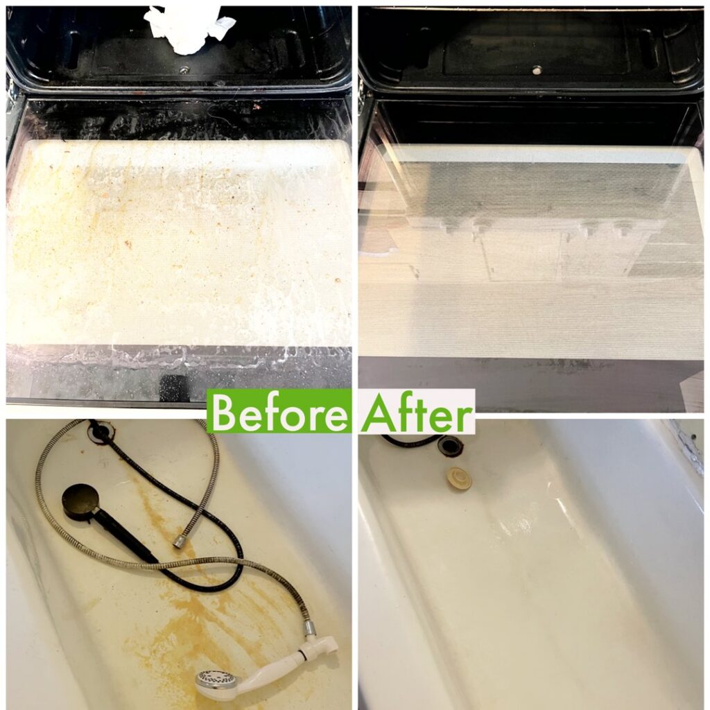 Before and after comparison of a dirty oven and bathtub, showcasing professional cleaning results by C-Cleaning Services in Vermillion, SD.
